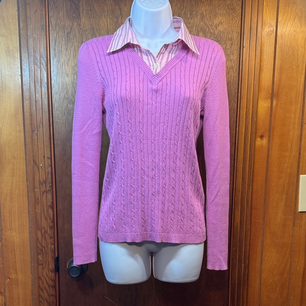 Izod Pink Cable Knit V-Neck‎ Sweater Size S